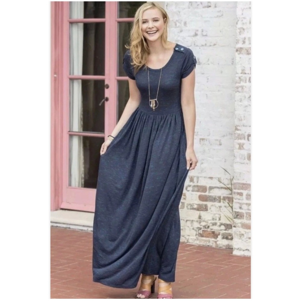 Matilda Jane Maxi Dress M Curtain Call Heather Blue Button Pockets Soft Comfy‎